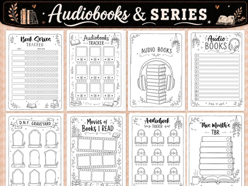 Pu&ograve; includere: Una raccolta di otto pagine di agenda stampabili in bianco e nero per tracciare letture e audiolibri. I fogli presentano intestazioni come Audiobooks & Series, Book Series Tracker, D.N.F. Graveyard e This Month's TBR con illustrazioni di libri, cuffie e strisce di pellicola.