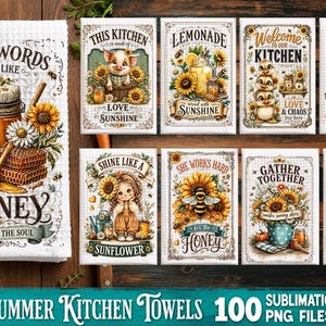 May include: A collection of white kitchen towels featuring sunflower and bee illustrations with text including Kind Words Are Like Honey, This Kitchen Is Made Of Love And Sunshine, Lemonade, Welcome To Our Kitchen, Life Is Sweet, and Just Bee Happy.