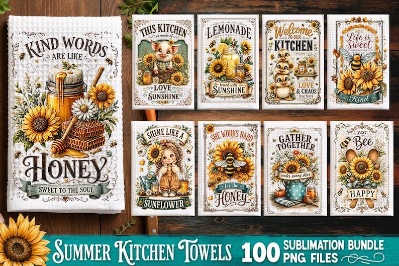 May include: A collection of white kitchen towels featuring sunflower and bee illustrations with text including Kind Words Are Like Honey, This Kitchen Is Made Of Love And Sunshine, Lemonade, Welcome To Our Kitchen, Life Is Sweet, and Just Bee Happy.