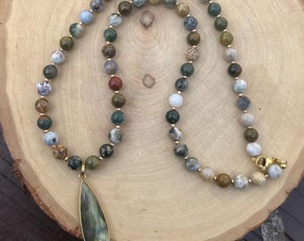 Ocean jasper beaded necklace, labradorite pendant, unique gemstone necklace, multi color gemstones, natural stones