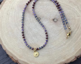 Garnet Amethyst Iolite Beaded Necklace, Gold Medallion Charm, Layering Jewelry