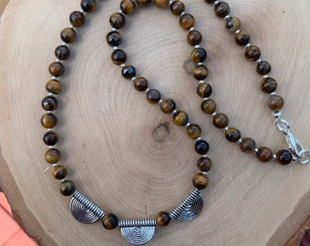 Tiger eye beaded necklace, tiger eye necklace, mens tiger eye necklace, tribal necklace, natural stone necklace, handmade tiger eye jewelry