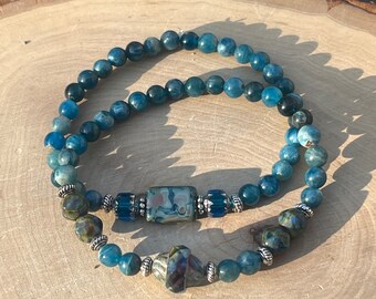 Blue apatite & Czech glass bead bracelet set, blue apatite bracelets, stretch bracelet set, gemstone bracelet set, blue stone bracelet