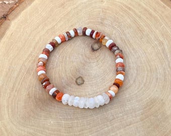 Mexican Fire Opal Rainbow Moonstone Stretch Bracelet, Boho Gemstone Stacking Jewelry