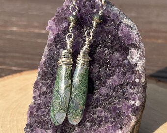 Wire Wrapped Moss Agate Pyrite Teardrop Earrings, Natural Stone Statement Jewelry