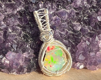 Ethiopian opal wire wrap pendant, sterling silver opal wire wrap, 925 silver wire wrap, raw opal wire wrap, gemstone wire wrap, silver opal