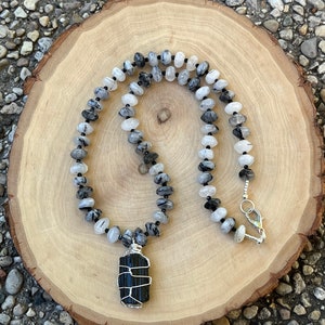 Tourmalinated quartz, spinel, & black tourmaline wire wrap necklace, tourmaline quartz necklace, wire wrapped tourmaline, raw tourmaline