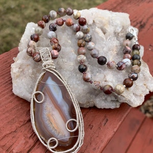 Colar de contas de ágata de renda Laguna, colar de contas com pingente de arame, colar de pedras preciosas, colar de pedras naturais, colar de pedras preciosas boho