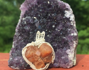 SALE Aragonite wire wrapped pendant, heart shaped crystal pendant, aragonite wire wrap, wire wrapped aragonite, aragonite necklace