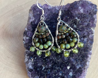 Wire wrap beaded earrings, Czech bead earrings, peridot earrings, wire wrapped earrings, green earrings, boho dangle earrings, green dangle