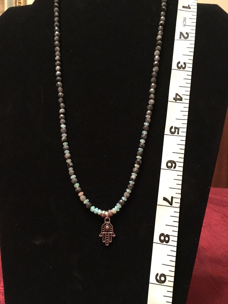 loose choker necklace Opal and larvikite beaded hamsa necklace