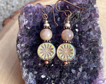 Peach moonstone dangle earrings, Czech glsss bead earrings, gemstone dangle earrings, copper gemstone earrings, moonstone earrings, rustic
