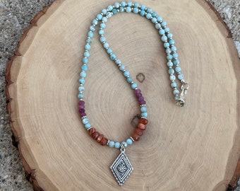 Larimar Ruby Sunstone Beaded Necklace, Silver Pendant