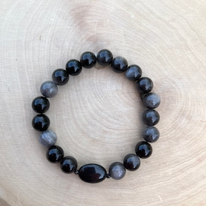 Silber Obsidian Armband, Onyx Armband, schwarzes Spinell Armband, Obsidian Stretch Armband, Edelsteine Stapeln