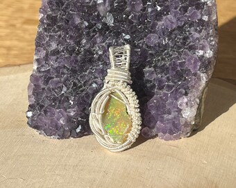 Raw Ethiopian Opal Silver Wire Wrap Pendant, Gemstone Necklace