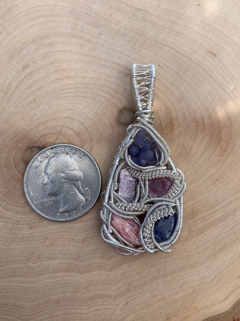 rhodochrosite and lepidolite wire wrapped pendant tanzanite pink tourmaline rhodochrosite wire wrap Grape agate grape agate wire wrap