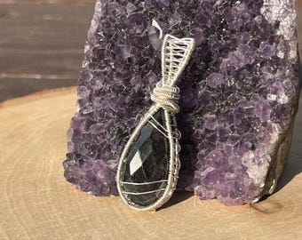 Faceted Hypersthene Wire Wrapped Pendant, Silver Plated Weave Necklace