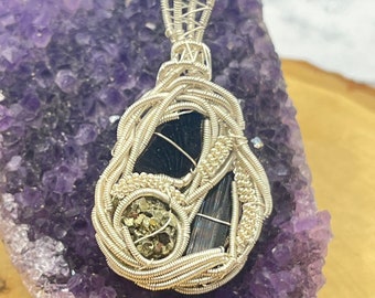 Shungite, pyrite, & black tourmaline wire wrap pendant, shungite necklace, natural stone pendant, tourmaline silver necklace, black stone