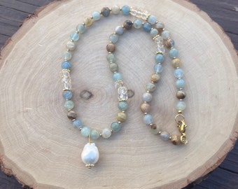 Lemurian blue calcite & citrine necklace, baroque pearl, blue calcite necklace, natural stone necklace, artisan gemstone necklace, layering