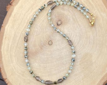 Faceted Prehnite Smoky Quartz Beaded Necklace, Gold Plated Gemstone Jewelry
