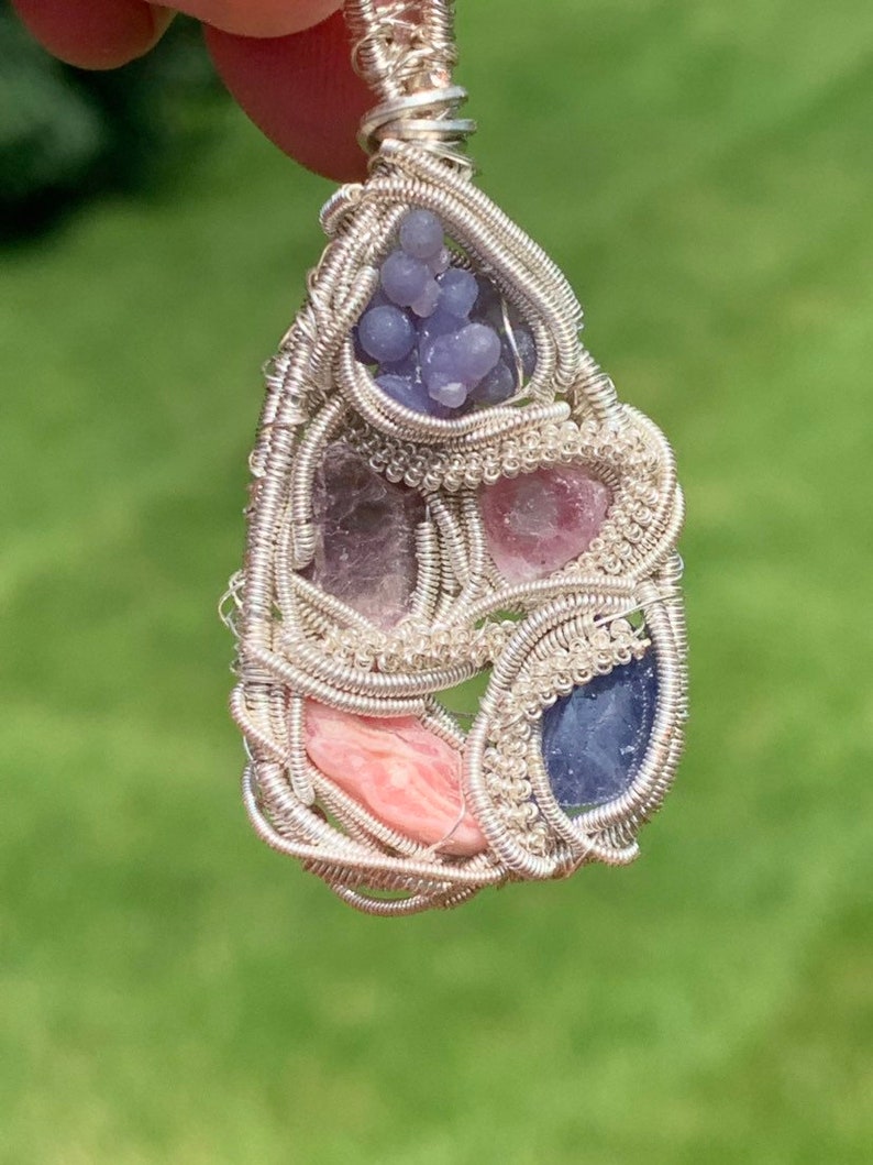 rhodochrosite and lepidolite wire wrapped pendant tanzanite pink tourmaline rhodochrosite wire wrap Grape agate grape agate wire wrap