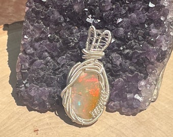 Raw Ethiopian Welo Opal Silver Wire Wrap Pendant
