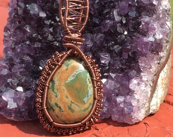 Rainforest rhyolite wire wrapped pendant, rhyolite wire wrap, wire wrapped rhyolite, rhyolite pendant, rhyolite necklace, rhyolite jasper