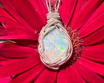 Ethiopian opal wire wrap pendant, wire wrapped opal, silver opal pendant, gifts for her, flashy opal, large opal