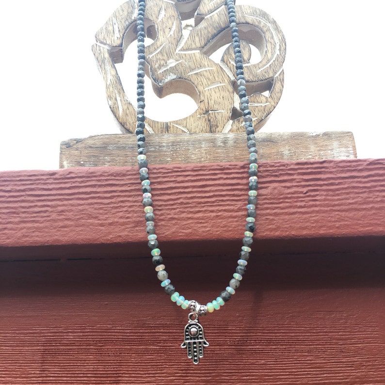 loose choker necklace Opal and larvikite beaded hamsa necklace