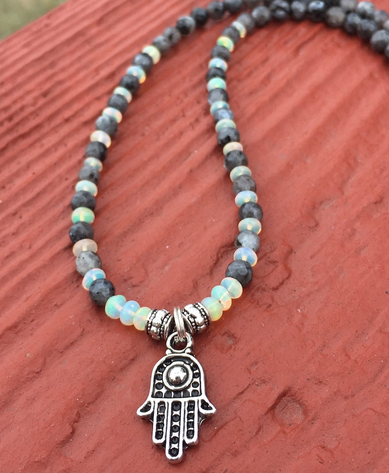 loose choker necklace Opal and larvikite beaded hamsa necklace