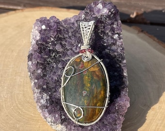 Bloodstone Garnet Silver Wire Wrap Pendant, Natural Stone Jewelry