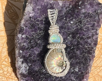 Ammonite and Ethiopian opal wire wrap pendant, ammonite wire wrap, Ethiopian opal necklace, opalized ammonite, wire wrapped opal flashy opal