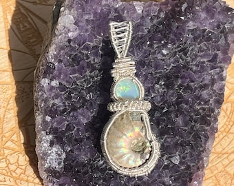 Ammonite & Ethiopian Opal Silver Wire Wrap Pendant