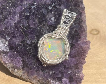 Ethiopian opal wire wrap pendant, raw opal wire wrap, flashy opal, gifts for her, one of a kind handmade