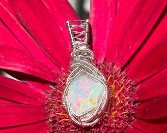 Ethiopian Welo Opal Pendant, Sterling Silver Wire Wrap, Raw Gemstone