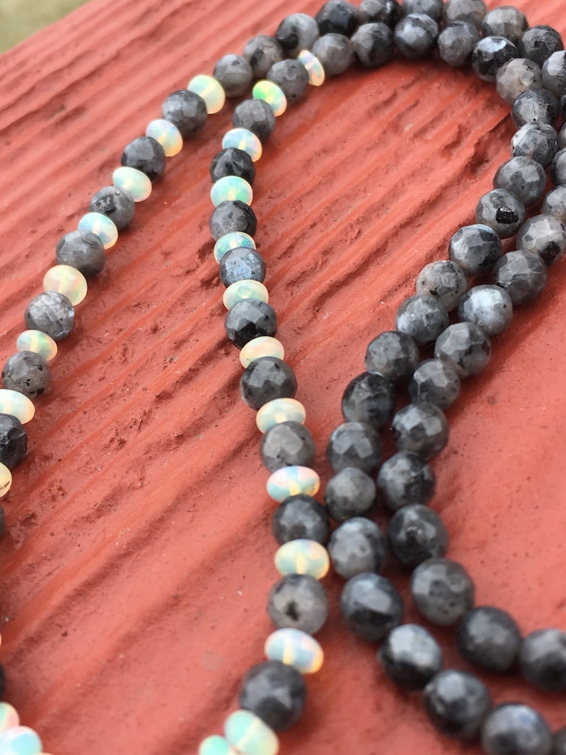 loose choker necklace Opal and larvikite beaded hamsa necklace