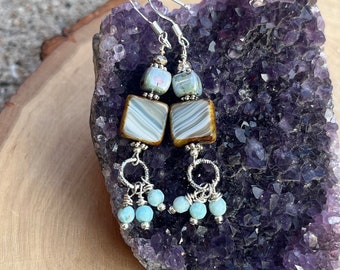 Larimar dangle earrings, Larimar earrings, Czech glass bead earrings, boho gemstone earrings, blue beaded earrings, gifts for her, artisan