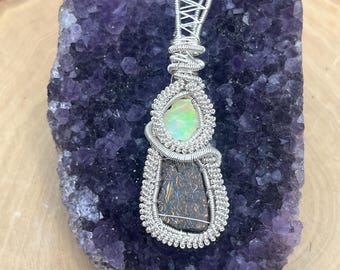 Boulder Opal Wire Wrap Pendant: Silver Gemstone Jewelry