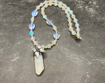 Aura quartz & opalite necklace, butterfly pendant necklace, Swarovski necklace, iridescent bead necklace, aura quartz necklace, angel aura