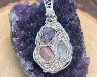 Wire Wrapped Grape Agate Pendant: Quartz & Pink Tourmaline, Silver Plated