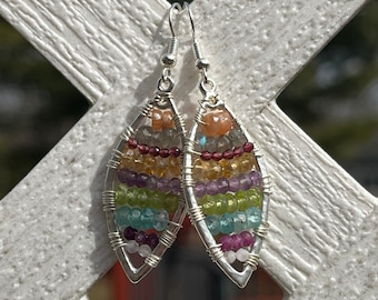 Rainbow gemstone earrings, wire wrapped earrings, gemstone statement earrings, multi gemstone earrings, labradorite earrings, boho earrings