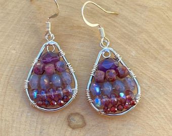 Wire Wrapped amethyst, garnet, and Czech Bead Earrings, Boho Dangle