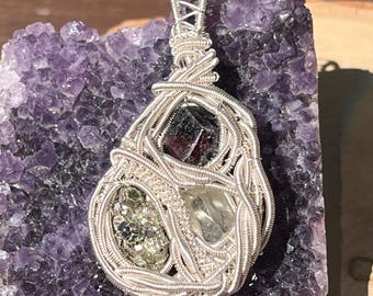 Garnet, pyrite, and Libyan desert glass Wire Wrap Pendant - Silver hand made raw crystal jewelry