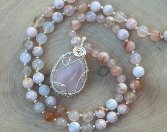 Cherry blossom agate beaded necklace, cherry blossom necklace, rose quartz wire wrap, rose quartz pendant necklace, flower agate