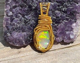 Raw Ethiopian welo opal wire wrapped pendant, wire wrapped opal, natural stone, handmade opal pendant, Ethiopian opal necklace, gold opal