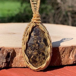 Bronzite wire wrapped pendant, wire wrapped bronzite, bronzite wire wrap, bronzite pendant, bronzite necklace, bronzite jewelry, gold wire
