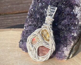 Raw amber, sunstone, & Ethiopian welo opal wire wrap pendant, wire wrapped amber, sunstone wire wrap, raw crystal jewelry, one of a kind