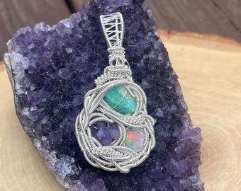 Emerald Opal Grape Agate Wire Wrap Pendant - Silver Plated Necklace