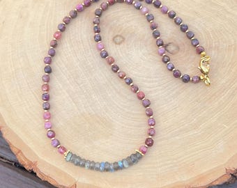 Ruby Labradorite Beaded Necklace, Gold Plated Faceted Gemstone Jewelry