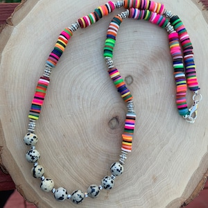 Colorful boho bead necklace, rainbow heishi necklace, Dalmatian jasper necklace, gemstone statement necklace, colorful gemstone necklace